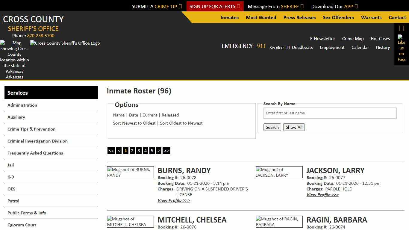 Inmate Roster - Current Inmates Booking Date Descending - Cross County Sheriff AR